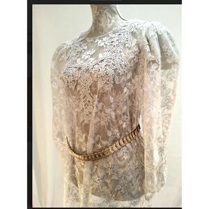 Whimsigoth Coquette VTG 80s does 20s Silver Gray Sheer Lace Pearl Back Dress L
